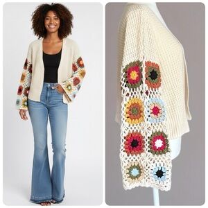 Boho Crochet Granny Square Sleeve Cardigan Cream Open Knit Sweater Size Small